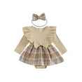 thumbnail image 1 of Gupgi Infant Girl Ribbed Dress Baby Ruffle Long Sleeve Plaid Print Skirt Romper with Headband, 1 of 8