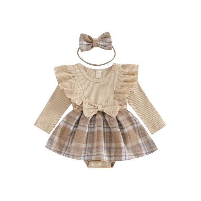 Gupgi Infant Girl Ribbed Dress Baby Ruffle Long Sleeve Plaid Print Skirt Romper with Headband