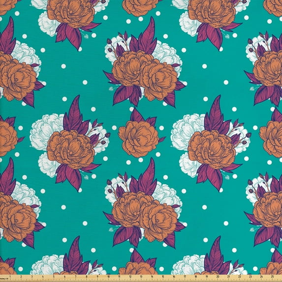 Floral Upholstery Fabric by the Yard, Peony Bouquet Celebration Themed Illustration on Dotted Vintage Style Background, Decorative Fabric for DIY and Home Accents, Multicolor by Ambesonne