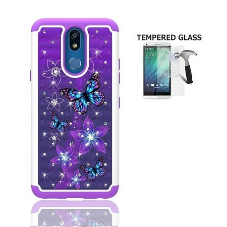 Phone Case for Straight Talk LG Solo L423DL / LG K40 / LG K12 Plus / LG X4 (2019), Studded Rhinestone Crystal Bling Shockproof Cover Case + Tempered Glass Screen Protector (Purple-Blue