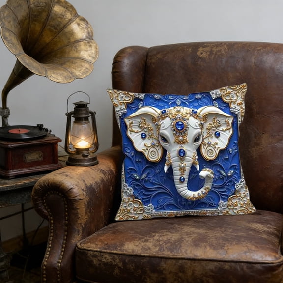Vintage-Style Elephant Print Pillow Cover Blue Velvet for Sofa Living Room Soft Plush Decorative Throw Cushion Cover 18x18 Inch