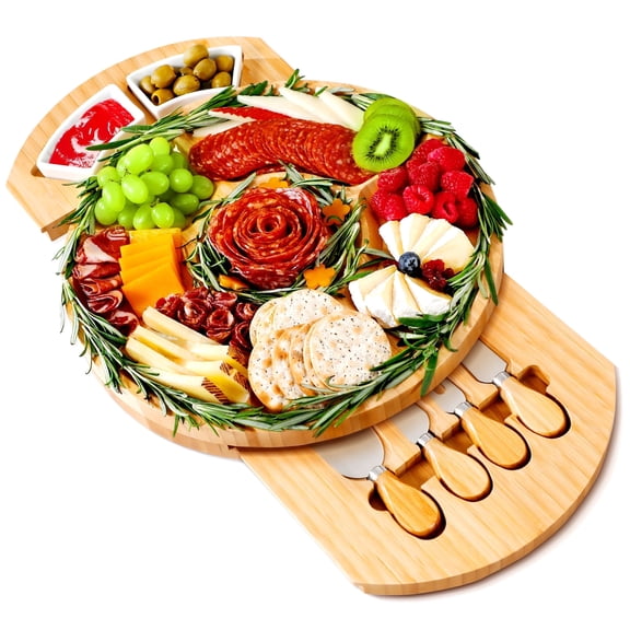 EVMORE Bamboo Cheese Board with Knife Set and Slate – 13 inch Round Charcuterie Board, Serving Tray, Platter, Wood Cheese Board Set – Gift Idea