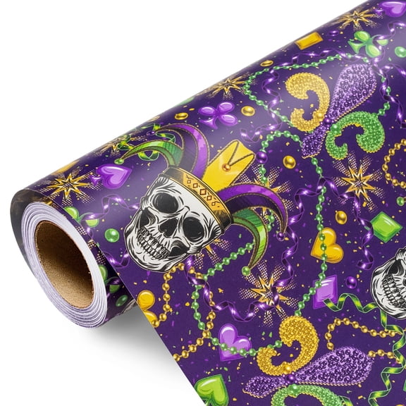 MAYPLUSS Purple Wrapping Paper Roll, 17 IN X 16.5 FT Gift Wrap Paper,Mardi Gras Mask, Beads, Feathers, Perfect for Birthday, Mardi Gras
