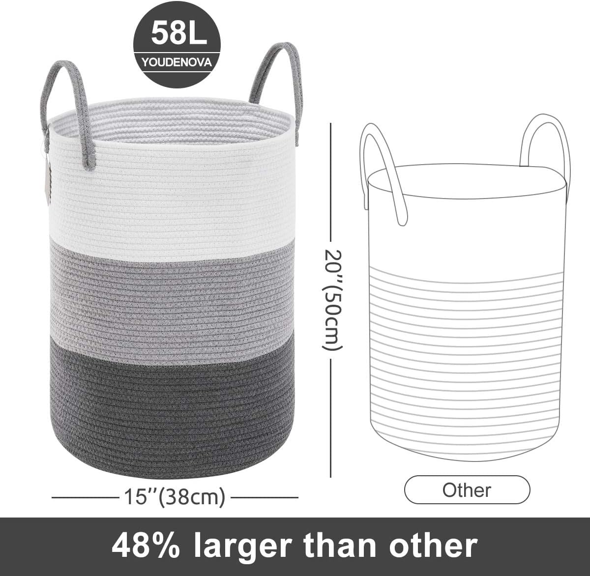 YOUDENOVA Laundry Hamper Basket, Woven 58L Tall Laundry Basket for Blanket Organizer- Nursery Hamper for Bedroom And Bathroom Storage