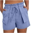 thumbnail image 2 of Horkkom Linen Shorts for Women Summer Elastic Waist Drawstring Bermuda Shorts Casual Solid Color Beach Pants with Pockets Blue S, 2 of 7