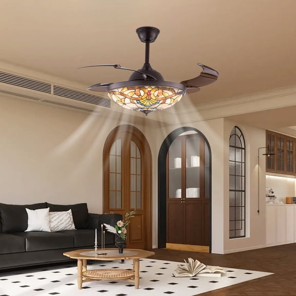 42 In Ceiling Fan Light Tiffany Style Chandelier Fan Lamp w/ Remote Fandelier for Bedroom, Living Room