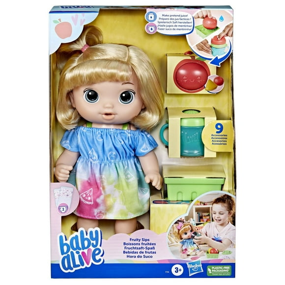 Baby Alive, coffret poupée Boissons fruitées, pomme, presse-agrumes factice, boit et mouille sa couche, dès 3 ans, cheveux blonds