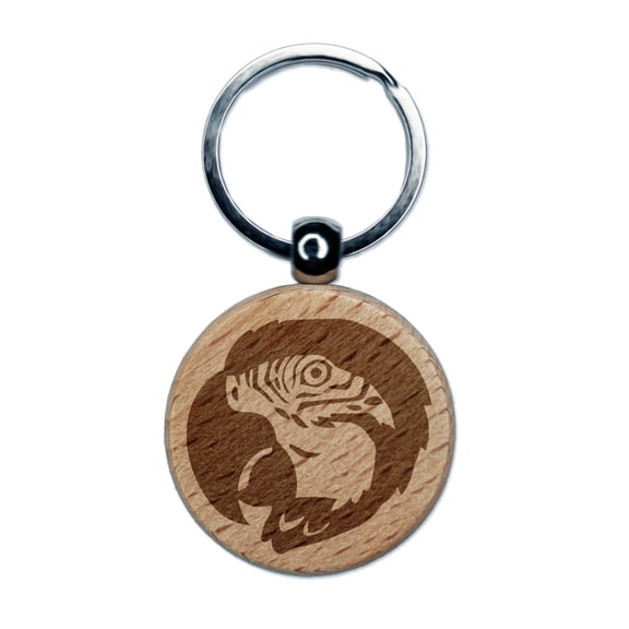 Macaw Parrot Bird Head Round Keychain Charm Tag - Engraved Wood