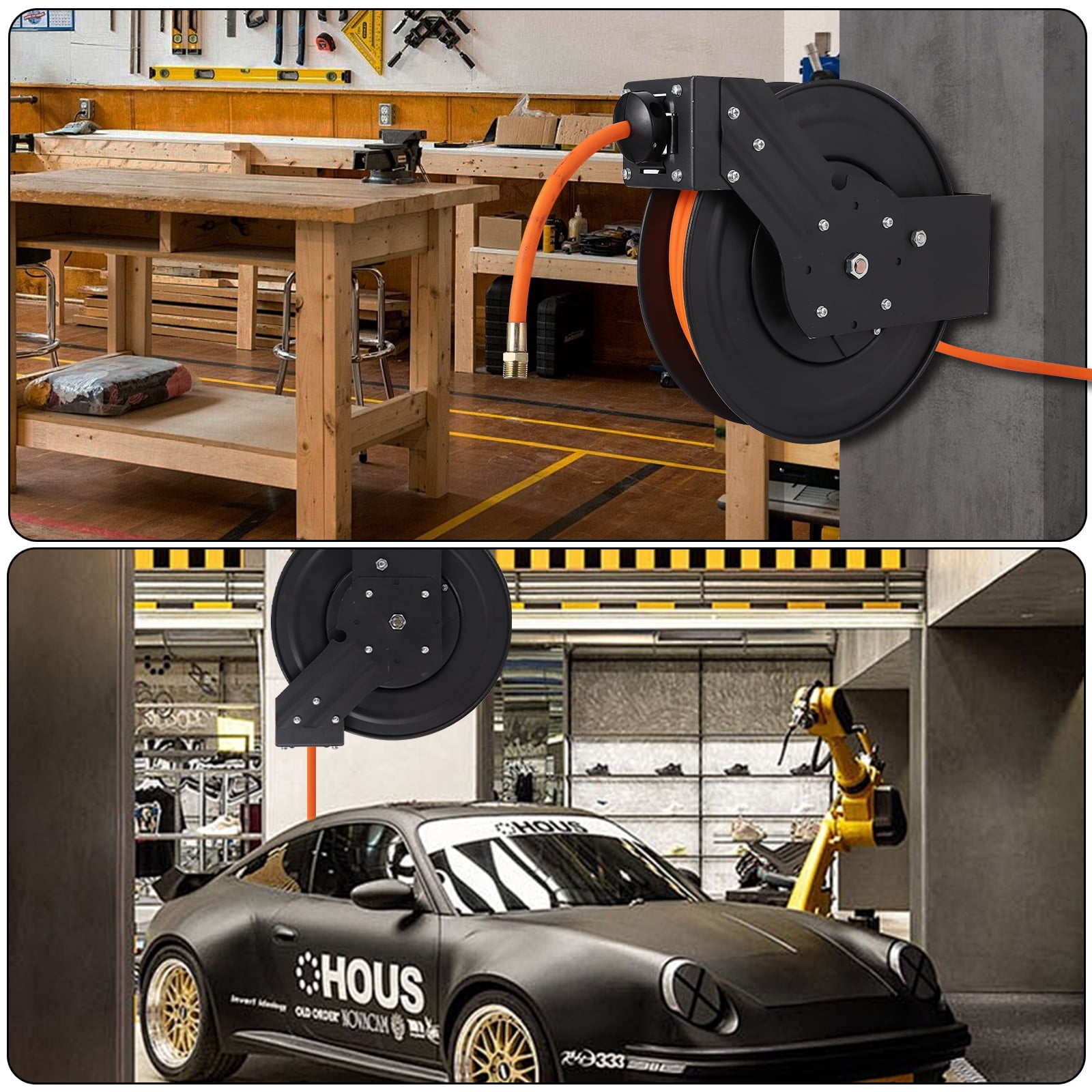 M optimized Retractable Air Hose Reel - Strong Hybrid Hose, Effortless Auto Rewind, 180° Mount Bracket, Durable Construction Ceiling/Wall Mount Heavy Duty Double Arm Steel Reel