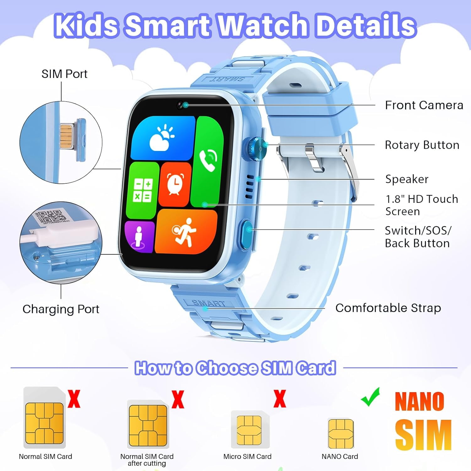 SHANNA 4G Smart Watch for Kids, GPS Tracker Watch, 2- Way Calling, Camera, SOS, WiFi, Touch Screen Kids Phone Watch for 4-12 Boys Girls Gifts, Blue