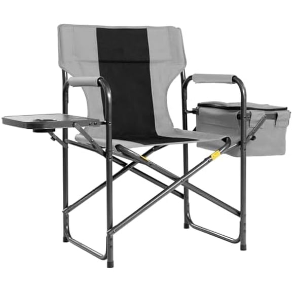 Director Camping Chair with Cooler Bag & Foldable Side Tray - 400lbs Heavy Duty Outdoor Folding Lawn Chair, Portable Camp Chair for Fishing/Backyard (Black & Gray)