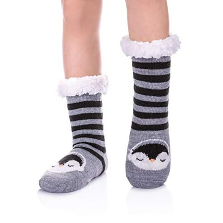 NOVCO Boys Girls Slipper Socks Fuzzy Soft Warm Fleece lined Kids Toddler Winter Socks for Christmas (Black Penguin, 15CM/3-4