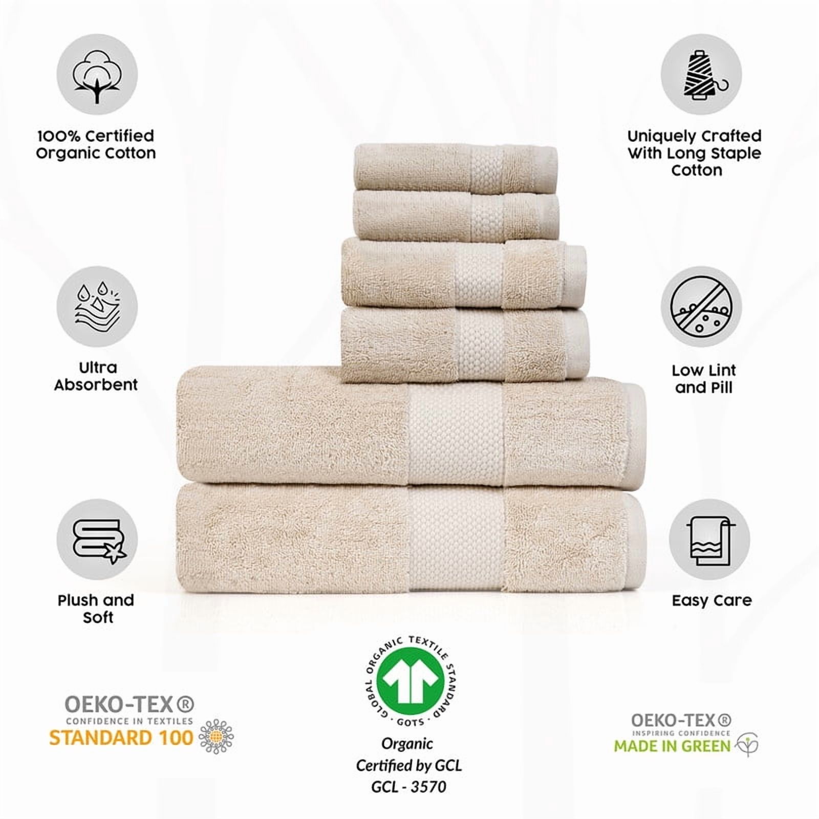 100% Organic Cotton Towel Set of 6 – GOTS & Oeko-TEX Certified – Soft, Ultra Absorbent, Quick Dry – Includes 2 Bath Towels, 2 Hand Towels, 2 Washcloths – Farm to Home by MicroCotton - Sand