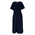 thumbnail image 4 of Gamivast Dresses for Women Linen Short Sleeve V-Neck Twist Front Maxi Dress Loose Fit A-Line Long Dress with Pockets Casual Resort Vacation Beach Dress Dark Blue L, 4 of 6