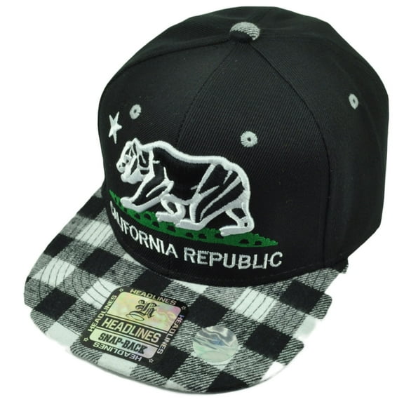 California Republic Cali Bear Flag Society Snapback Hat Cap Black White Plaid