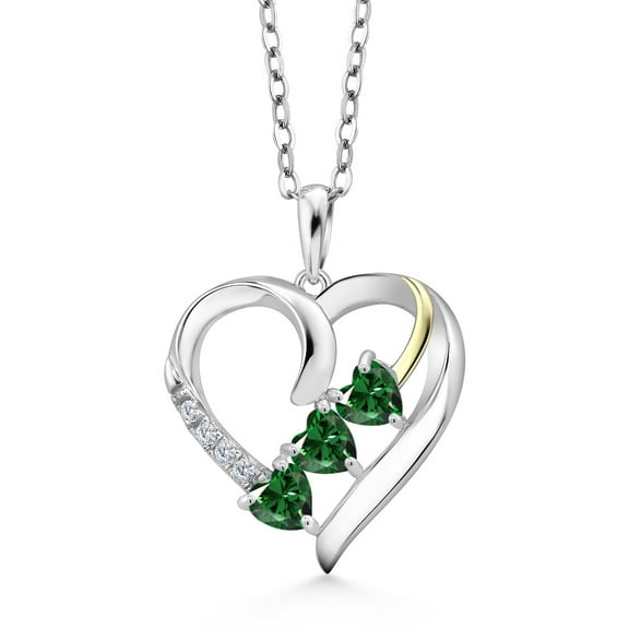 Gem Stone King 1.24 Ct Hear Shape Green Nano Emerald E-F Lab Grown Diamond 925 Silver and 10K Yellow Gold Heart Pendant