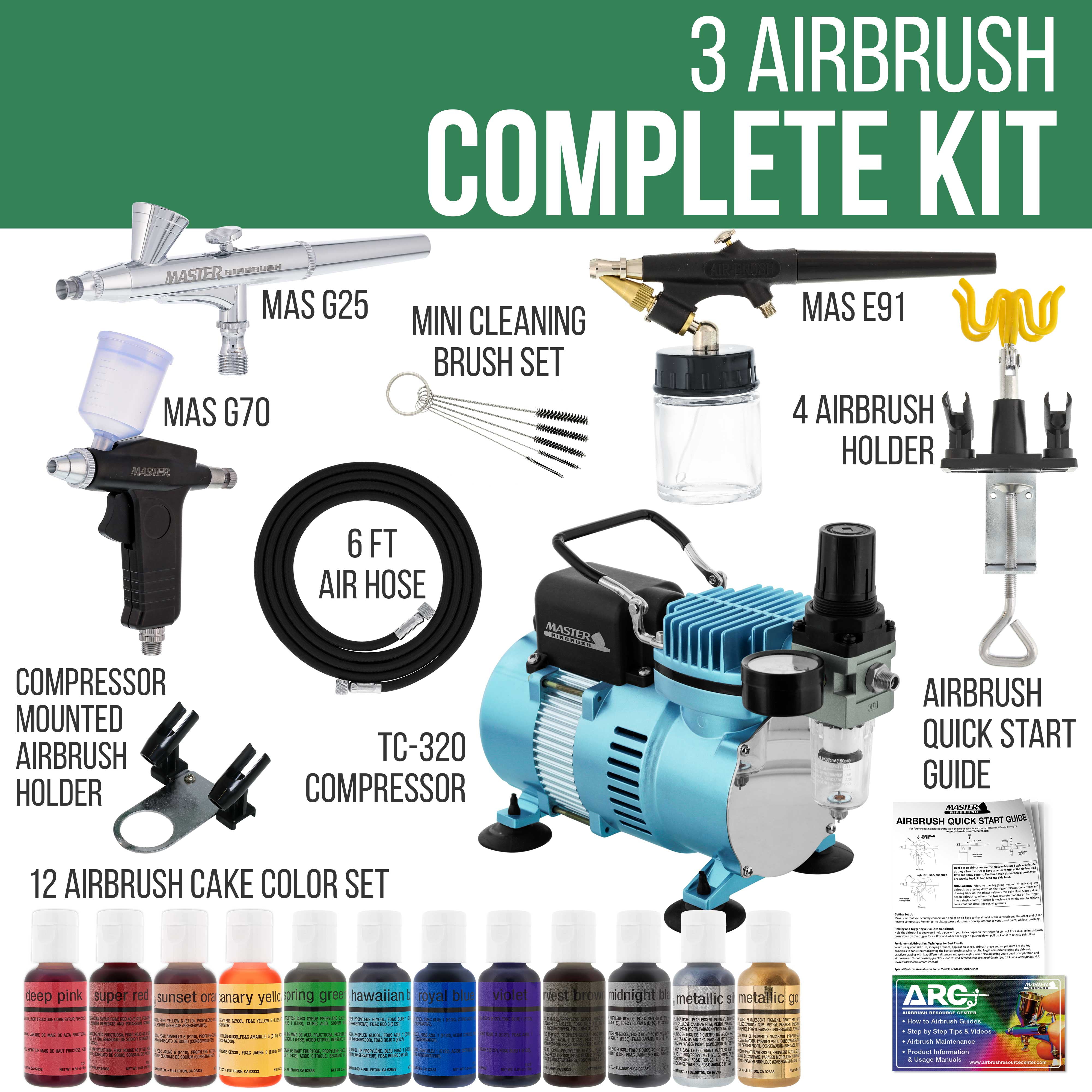 Master Airbrush Multi-Purpose Airbrushing System Kit with Siphon Feed  Dual-Action Airbrush 0.35 mm Tip, 3/4 oz Fluid Cup, Pro 1/5 hp Cool Runner  II Dual Fan Air Compressor - Hose, Holder, How