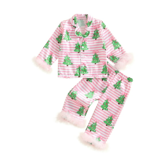 BemeyourBBs Kid Girl Christmas Pajama Set, Holiday Tree Fuzzy Trim Tops and Pants