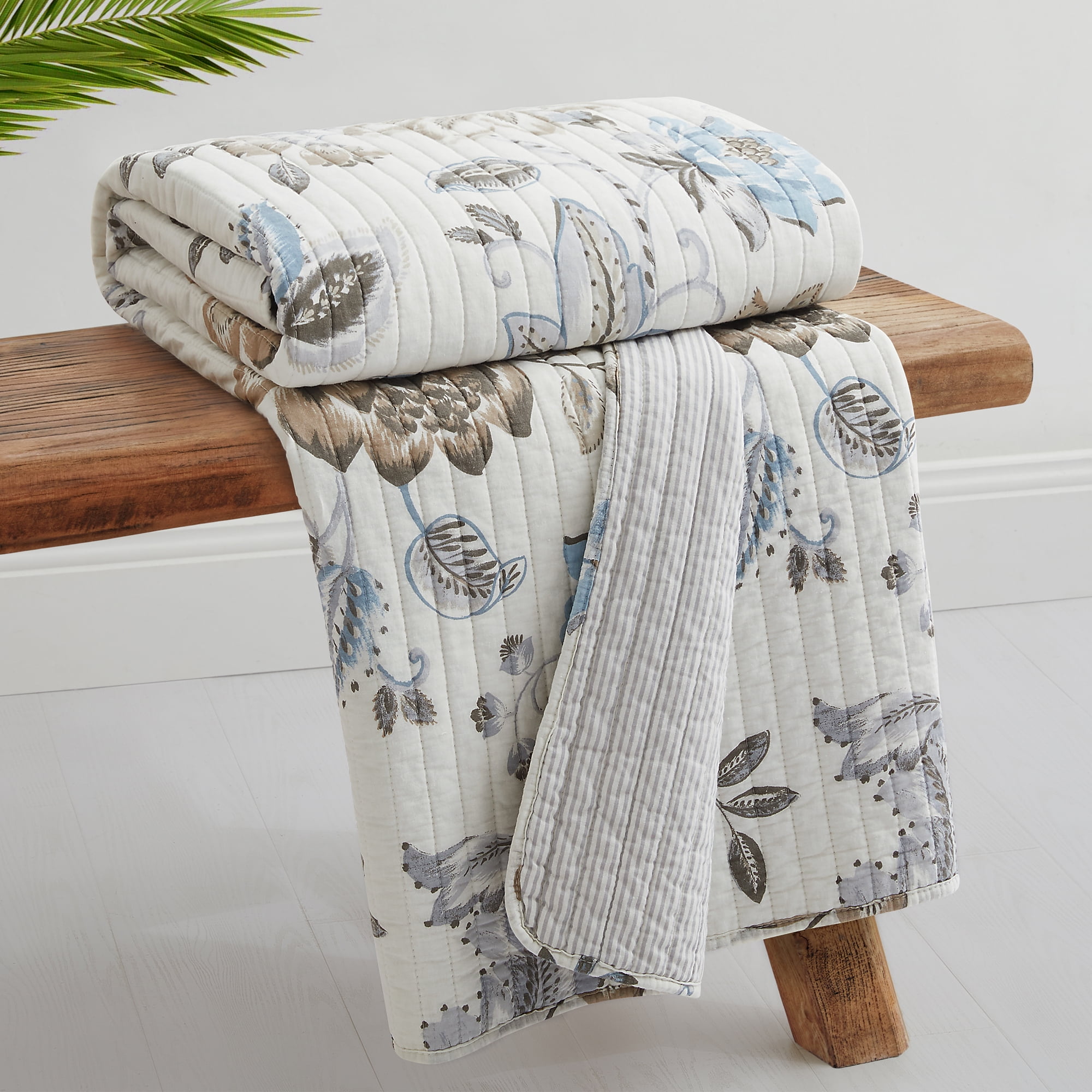 Levtex Home - Maileen Neutral Blue - Throw - Floral - Taupe Blue and Cream - Throw (50x60in.) - Cotton