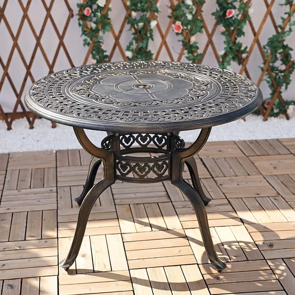 VIVIJASON 38.5" Patio Bistro Table Outdoor Dining Round Table Bronze Cast Aluminum Table with Umbrella Hole