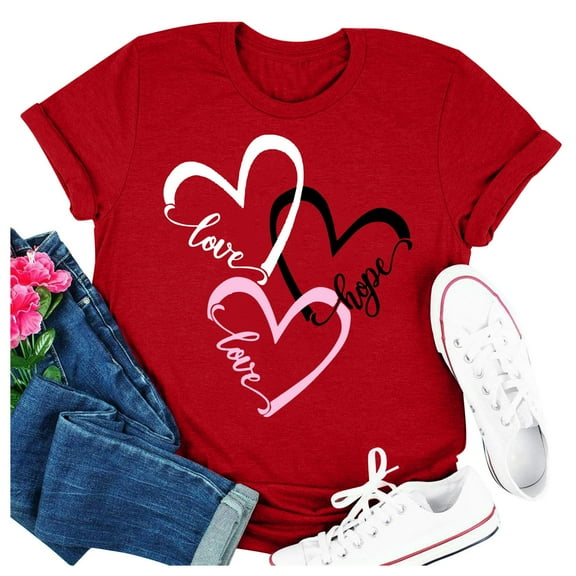 HOMBOM Short Sleeve Tops for Women Crewneck Valentine's Day Print Short Sleeve Red T-shirts Y2k Tops for Women