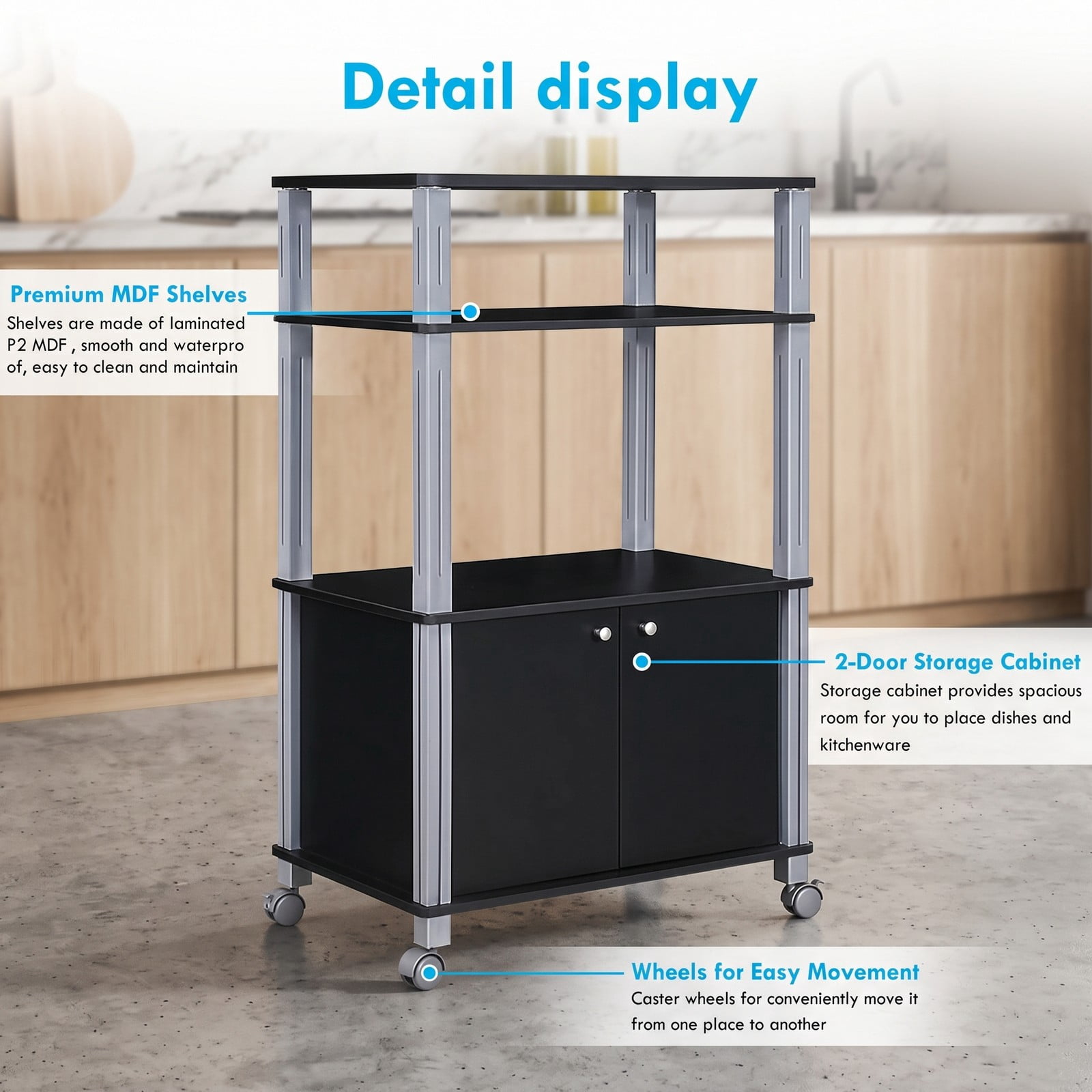 RUIE 3-Tier Microwave Stand with 2-Door Cabinet, Rolling Kitchen Storage Cart for Dining Room, Black