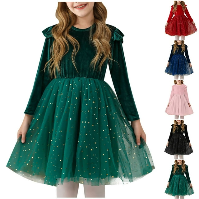 Tranfacy Robes pour Filles Taille 10-12, Robe à Manches Longues pour Filles, Robe de Fête à Volants à Manches Longues Robe d'Automne et d'Hiver Robe de Princesse pour Enfants 5-12 Ans