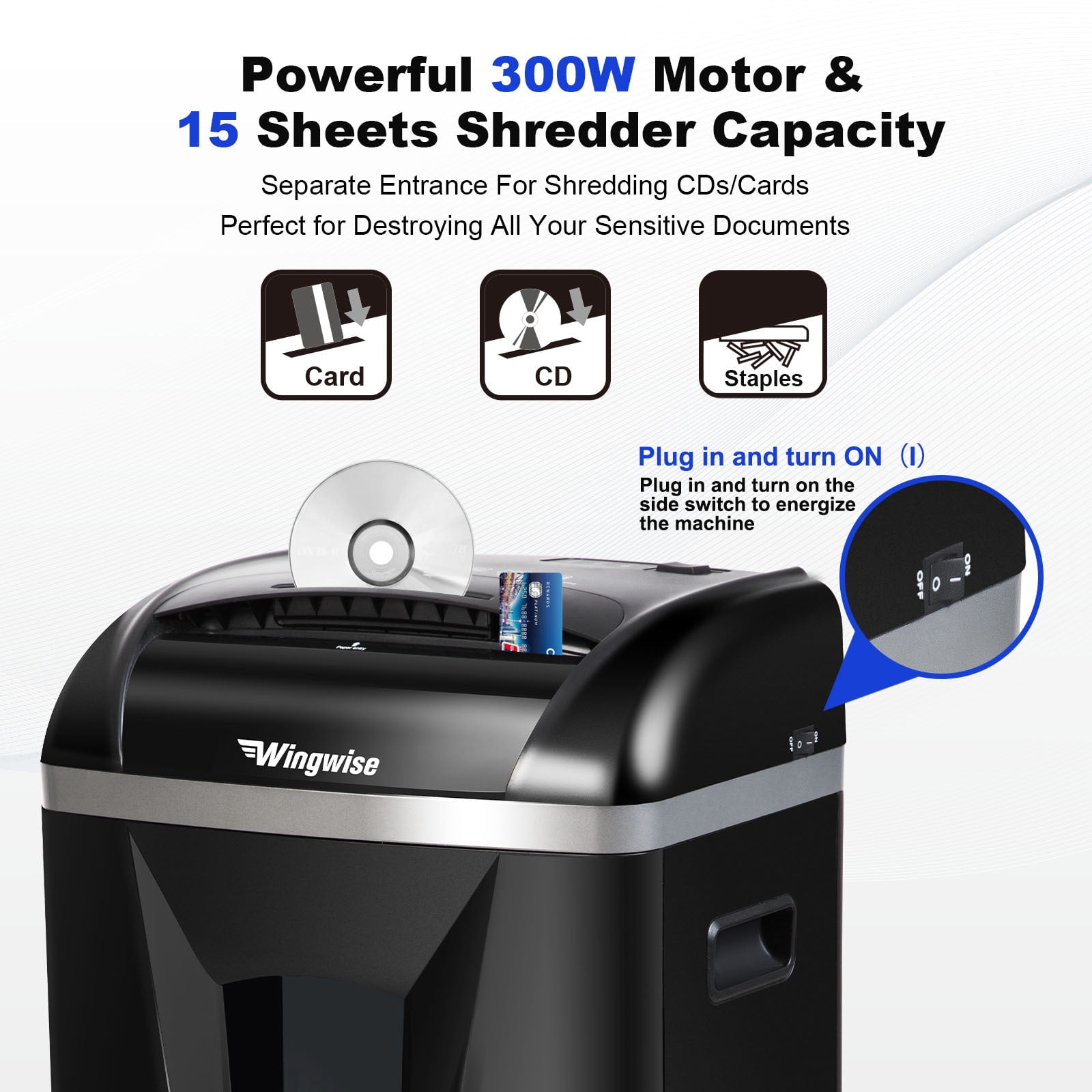 Wingwise Paper Shredder, 15 Sheets Cross Cut Shredder, 6.6 Gallon Bin, CD/Credit Card Shredder with Dual Modes, Home & Office Use