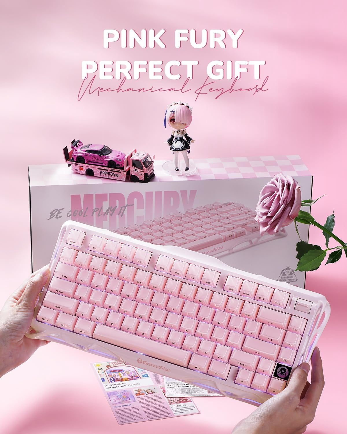 GravaStar Mercury K1 75% Wireless Mechanical Keyboard, Gasket Mount, 8000mAh Battery, Kailh Cherry Pink Linear Switches, RGB Lighting - Sakura Pink