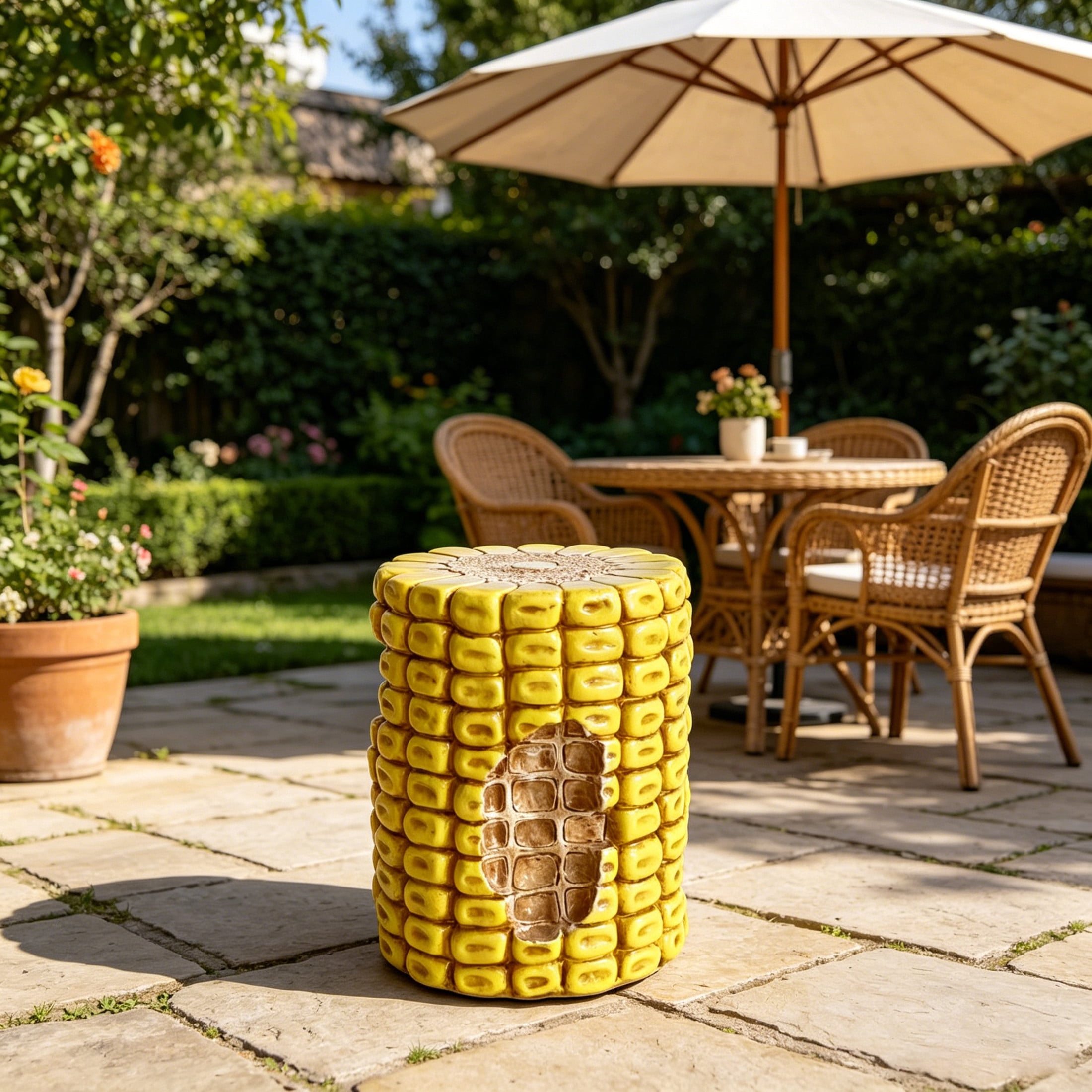 Noble House Novelty Corn Stool, Cute Fairy Decorative Statue, Outdoor Creative Figurine Seat for Patio, Garden, Yellow