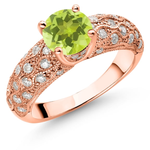 Gem Stone King 18K Rose Gold Plated Silver Yellow Lemon Quartz and White Moissanite Engagement Ring for Women (1.54 Cttw, Round 7MM, Gemstone, Size 8)