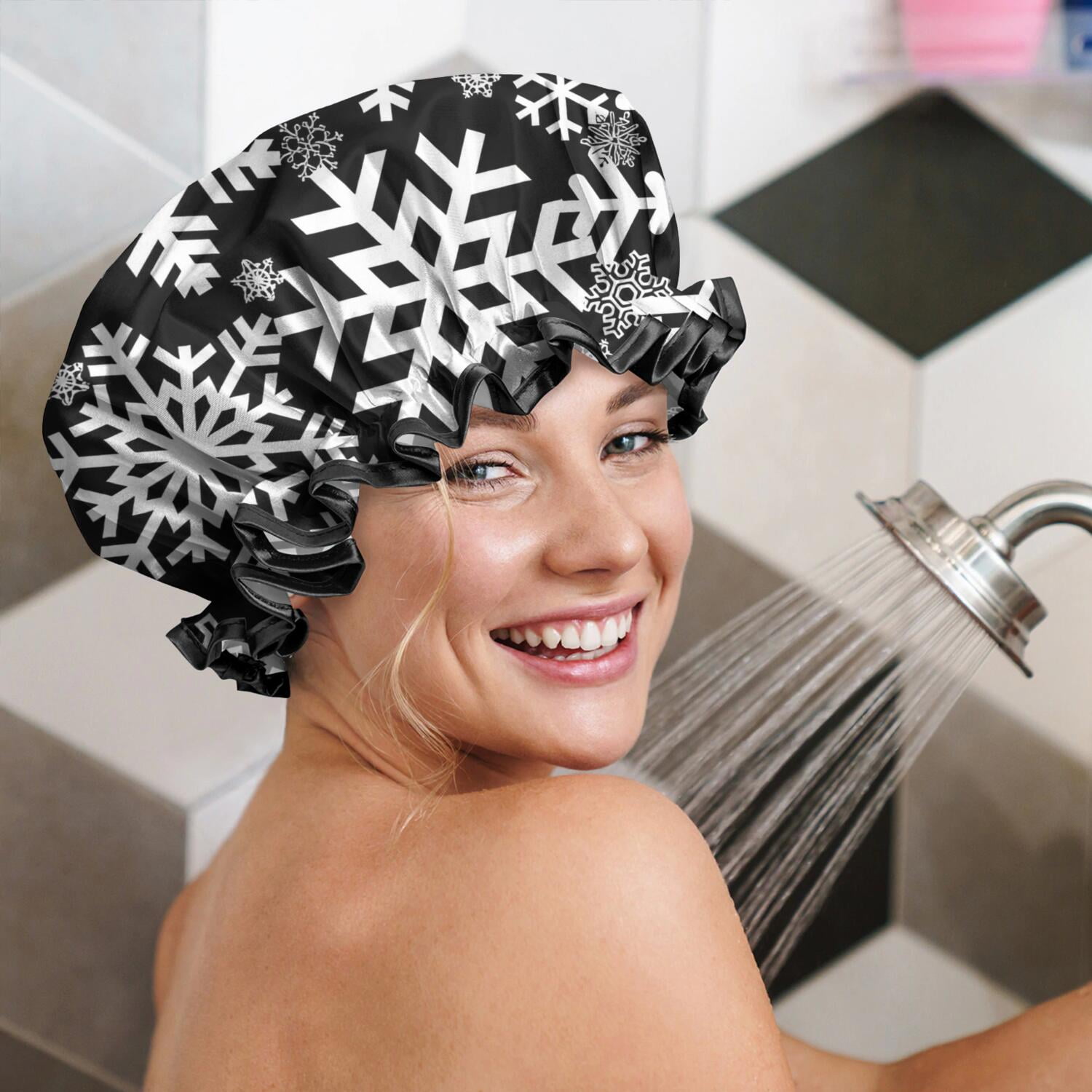 Shower Caps,Black Christmas Snowflake Pattern Waterproof Shower Cap for Women 4 Pieces,Double Reusable Hair Cover for Shower PEVA Elastic Stretch Hem