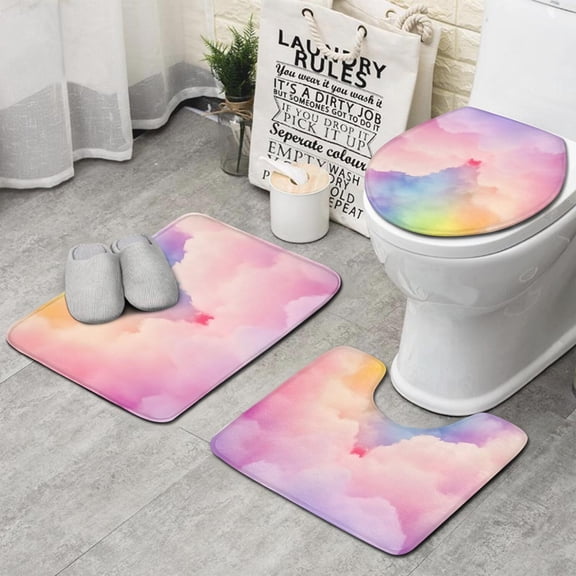 Pastel Rainbow Clouds Bathroom Rugs Sets 3 Piece,Toilet Cover Set,Absorbent Non Slip Bathroom Mats Sets with U-Shaped Contour Rug Toilet Rug Set