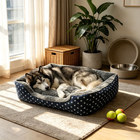 Sahpxhe Dog Bed, Rectangular High Bolster Warm Plush Pet Bed With Geometric Line Print For Indoor Cats And Small Medium Dogs