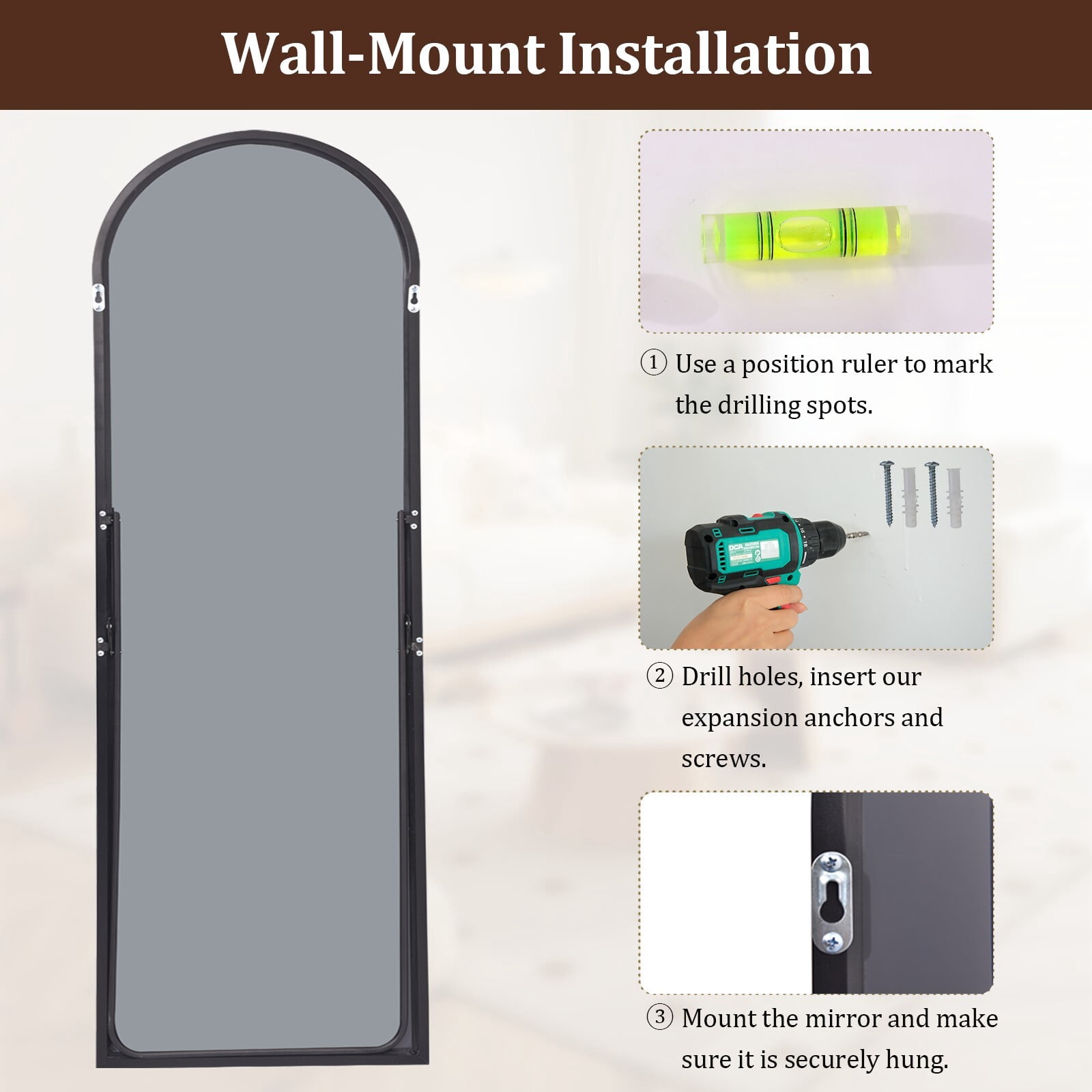 Easy4Home 68"x22" Arched Full Length Mirror with Aluminum Alloy Frame Freestanding Floor Dressing Mirror, Black