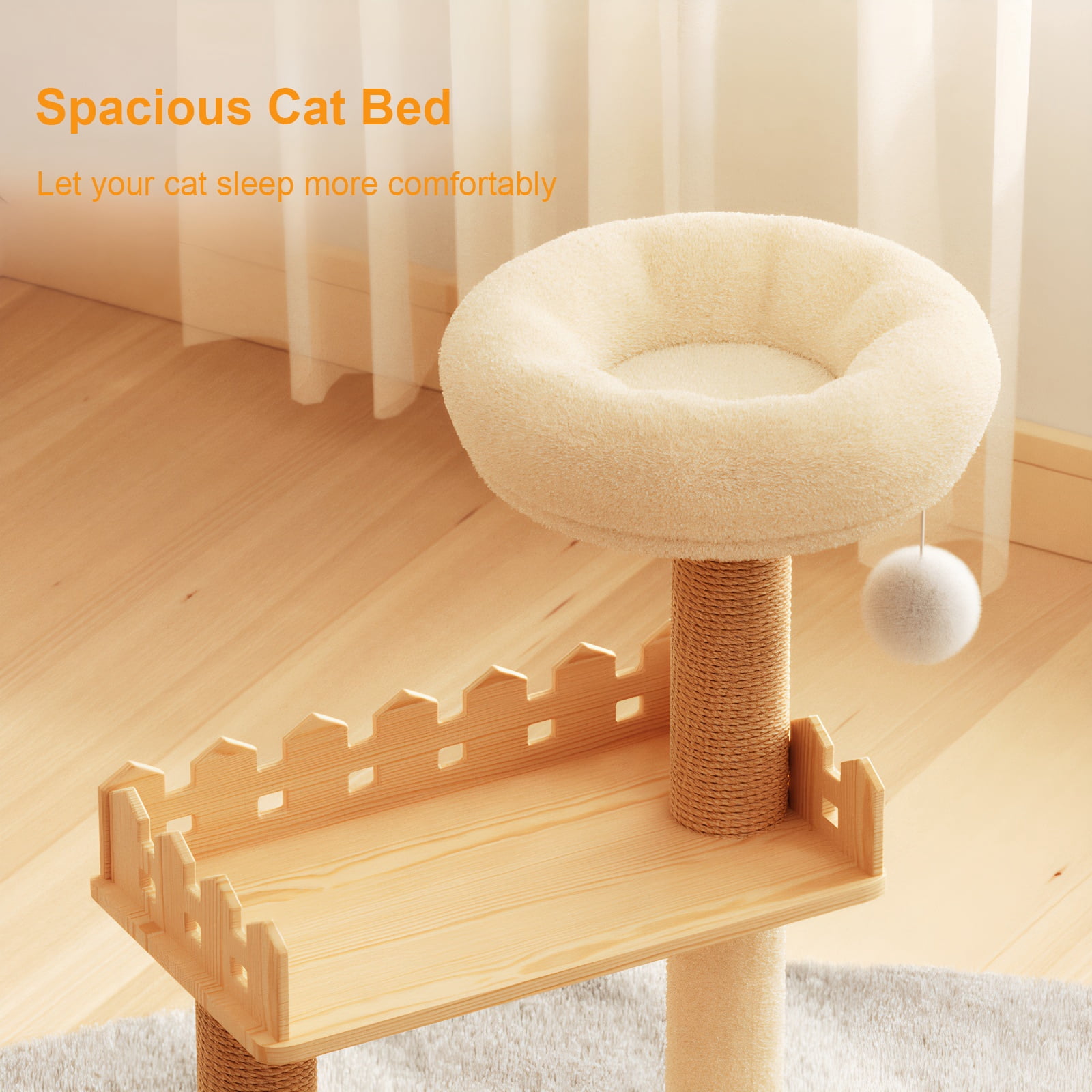 39.3 Inch Modern Wood Cat Tower, Indoor Cat Tree with Sisal Scratching Posts, Top Perch, Acrylic Hammock & Toys, Stable Cat Condo for Small and Large Cats