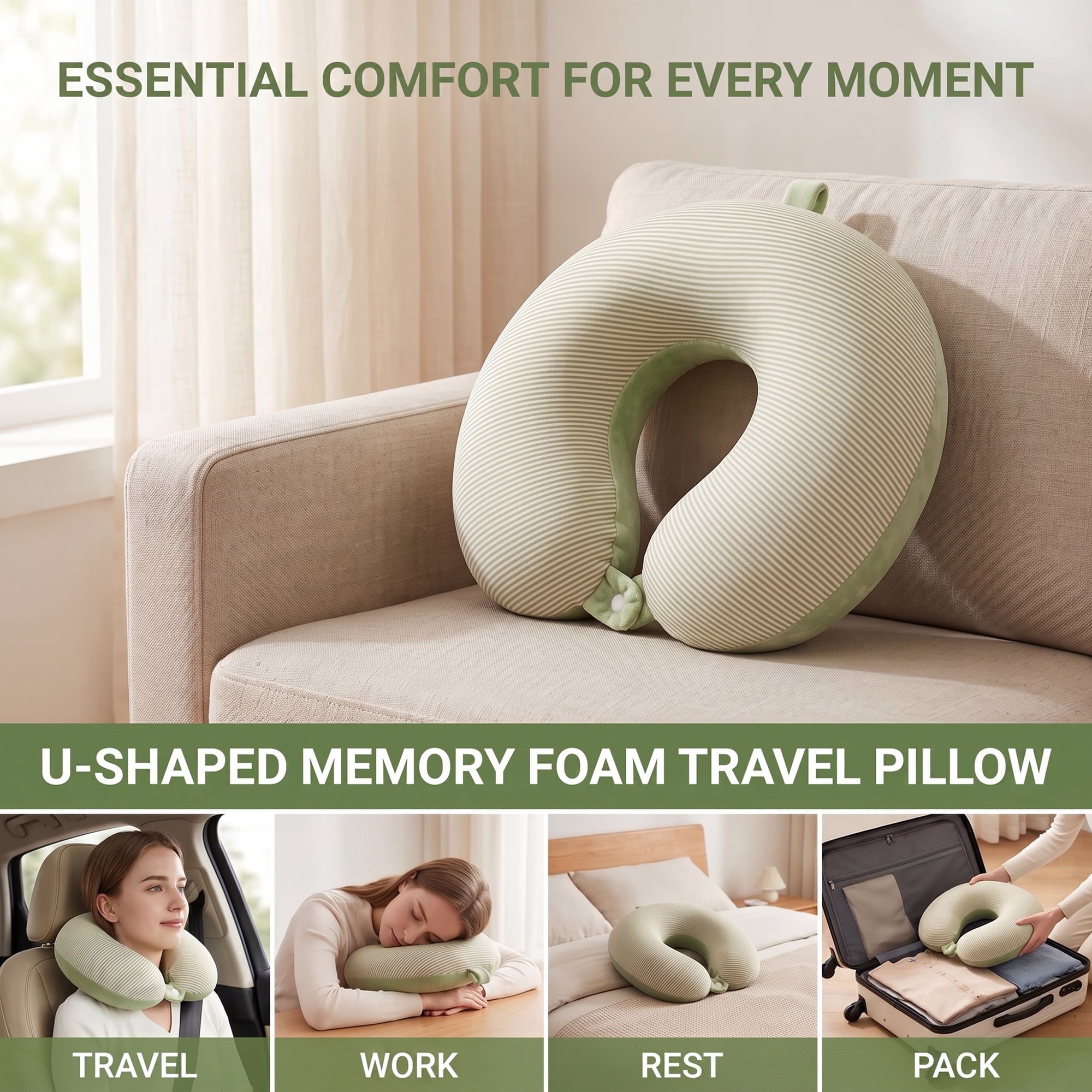 Unique Bargains Memory Foam Neck Pillow U Shape Snap Closure for Office Green 11"x12"x4"