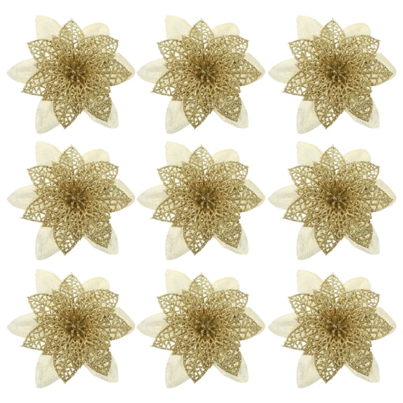 GAXIRE 12Pcs Artificial Golden Poinsettia Flowers with Glitter for Xmas Party and Home Decoration
