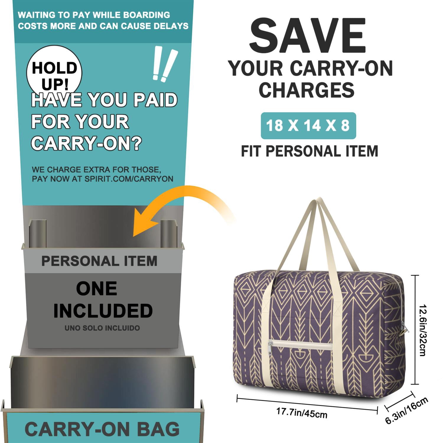 For Spirit Airlines Personal Item Bag 18x14x8 Inch, Boho Floral Weekender Travel Bag, Foldable Travel Duffel Bag Underseat Carry on Bag with Luggage Sleeve for Women and Men 30L