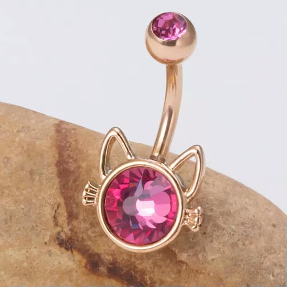 GKNET Cartoon Cat Pink Diamond Belly Button Ring Stainless Stee Piercing Navel Ring-Rose Gold