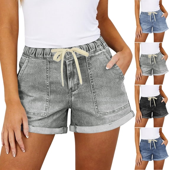 Cekizud Jean Shorts Women Pull On Drawstring Elastic Waist Summer Denim Walking Shorts,Sizes S-2XL