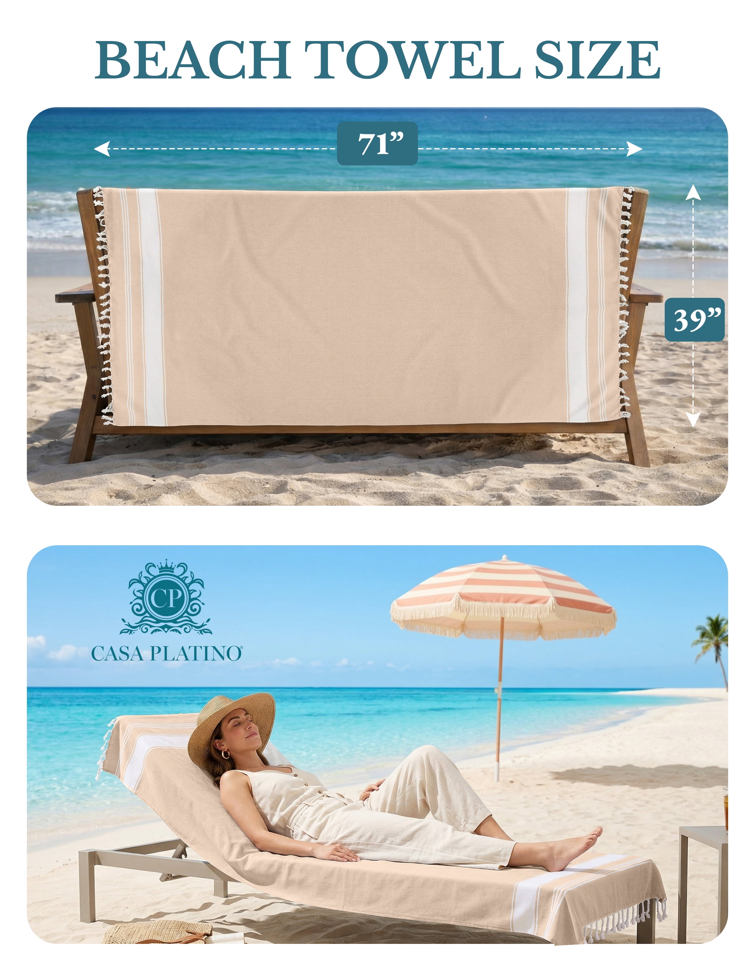 Casa Platino Cotton Beach Towels 4 Pack – Oversized, Sand Free, Ideal for Travel and Family Fun at the Beach – Beige