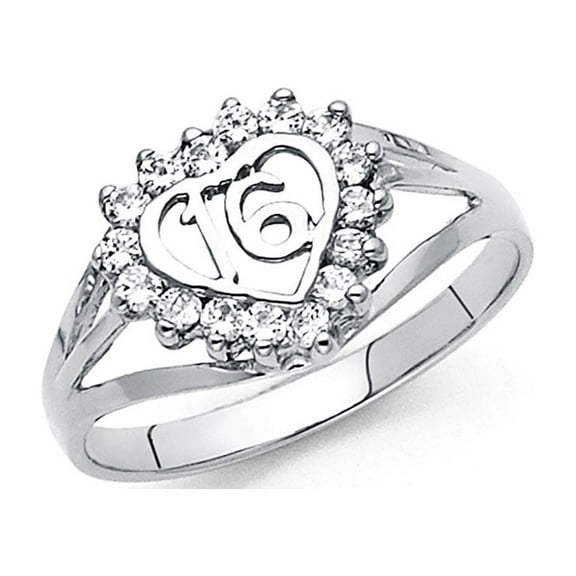 Heart Sweet 16 Ring Solid 14k White Gold Band Birthday CZ Stylish Design Polished Finish Fancy, Size 7