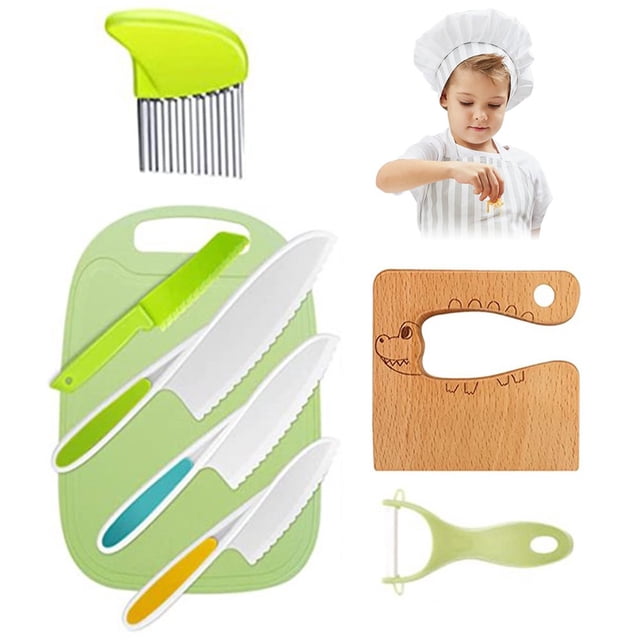 8Pcs Kids Kitchen Cutter Toy Set with 3 Plastic Cutter/Potato Crinkle Cutter/Jagged Cutter/ Wooden Fruit Cutter/Fruit Vegetable Peeler/Cutting Board Safe Serrated Edges Cutter