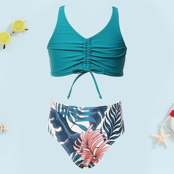 Ulitacool Swimsuit For Girl Two Piece Swimsuits For Kids High Waist Bikini Sun Swimwear Tankini And Bottoms Elegant Beach Wear 4-5 Years Sky Blue