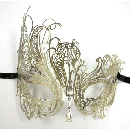 Gold Rhinestone Swan Laser Cut Venetian Mask Masquerade Metal Filigree