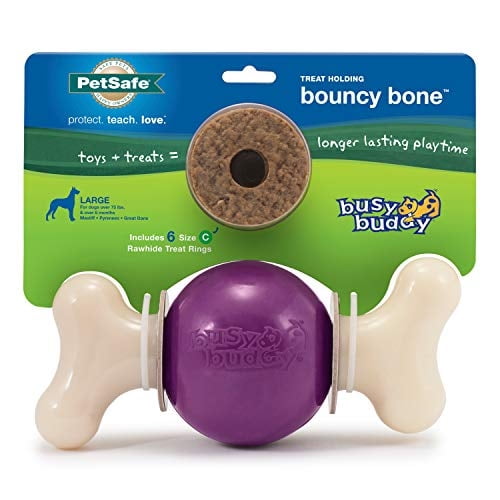 Juguete para perros PetSafe Busy Buddy Bouncy Bone con anillos para golosinas color morado