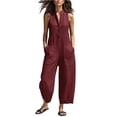 thumbnail image 3 of VV AVEORS Wide Leg Jumpsuits For Women Sleeveless Half Button Up Stand Collared Linen Jumpsuits Loose Casual Long Overall With Pockets Wine M, 3 of 8