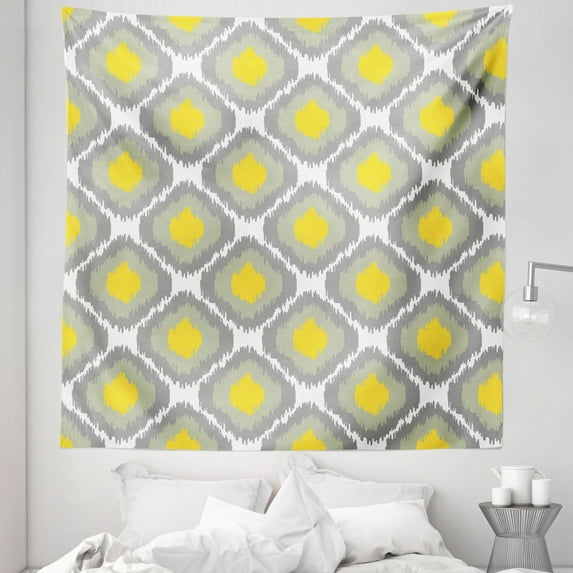 Ikat Tapestry, Repeating Ikat Shapes Tied into Bundles Old Form of Textile Historical Tribal, Fabric Wall Hanging Decor for Bedroom Living Room Dorm, 5 Sizes, Grey White Yellow, by Ambesonne
