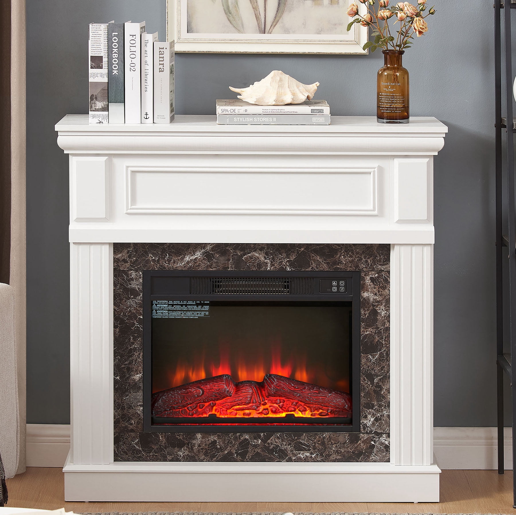 S-HOME Electric Fireplace Mantel Surround with 23 Inch Insert, Adjustable Flame, Remote Control for Home
